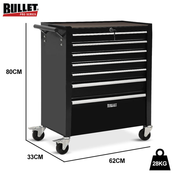 Bullet Pro 7 Drawer Tool Box Cabinet Trolley Storage Toolbox Garage Organiser Set Black Tool Boxes
