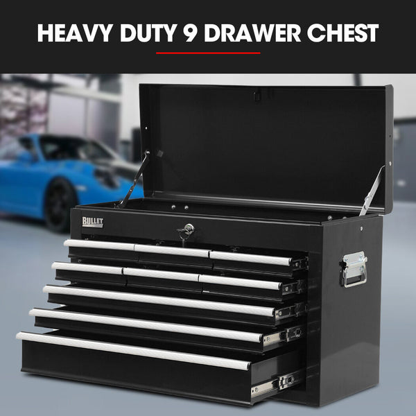 Bullet Pro 9 Drawer Tool Box Chest Organiser Mechanic Garage Storage Toolbox Set Black Tool Boxes