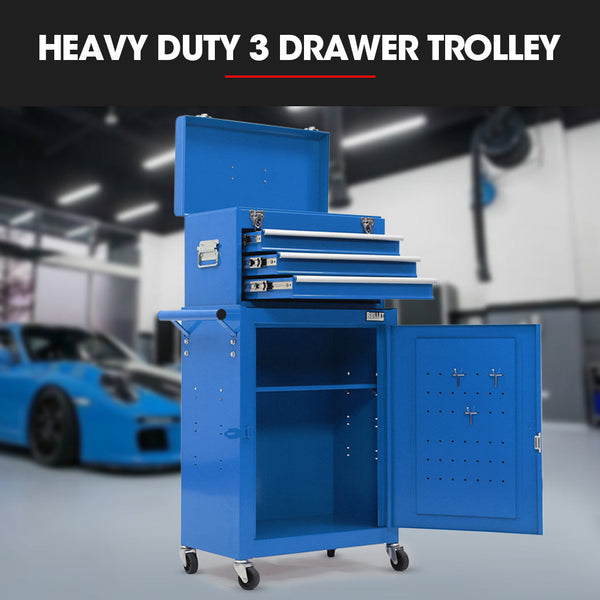 Bullet Pro 3 Drawer Tool Box Cabinet Trolley Storage With 1 Door Toolbox Garage Organiser Set Blue Tool Storage Organisers