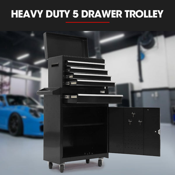 Pro 5 Drawer Tool Box Cabinet Chest Storage With 1 Door Toolbox Garage Organiser Set Tool Boxes