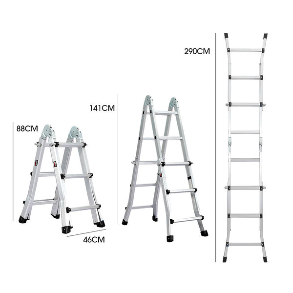 Pro 2.9M Folding Aluminium Multipurpose Ladder W/ Workshelf Platform Spring Assisted Rapid Safety Lock Adjusters Ladders