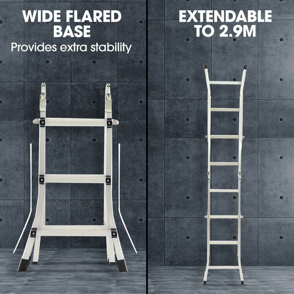 Bullet 2.9M Folding Aluminium Multipurpose Ladder W/ Workshelf Platform Spring Assisted Rapid Safety Lock Adjusters Ladders