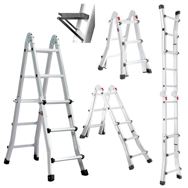 Pro 2.9M Folding Aluminium Multipurpose Ladder W/ Workshelf Platform Spring Assisted Rapid Safety Lock Adjusters Ladders