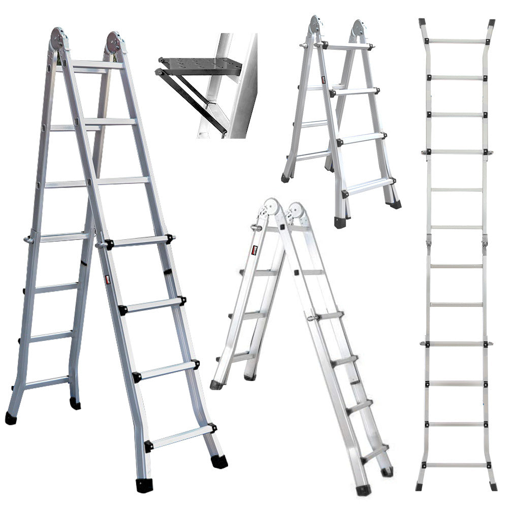 Pro 4M Folding Aluminium Multipurpose Ladder W/ Workshelf Platform Spring Assisted Rapid Safety Lock Adjusters Ladders