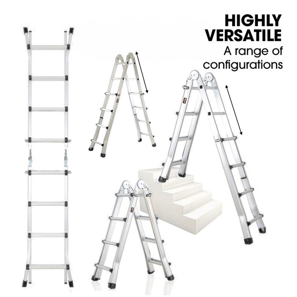 Pro 4M Folding Aluminium Multipurpose Ladder W/ Workshelf Platform Spring Assisted Rapid Safety Lock Adjusters Ladders