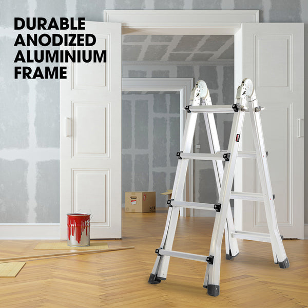 Pro 4M Folding Aluminium Multipurpose Ladder W/ Workshelf Platform Spring Assisted Rapid Safety Lock Adjusters Ladders