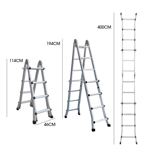 Pro 4M Folding Aluminium Multipurpose Ladder W/ Workshelf Platform Spring Assisted Rapid Safety Lock Adjusters Ladders