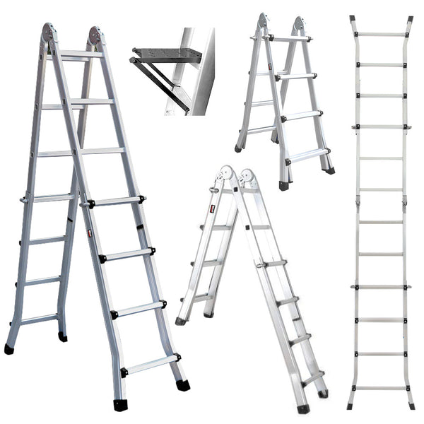 Pro 4M Folding Aluminium Multipurpose Ladder W/ Workshelf Platform Spring Assisted Rapid Safety Lock Adjusters Ladders