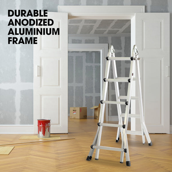 Bullet 5.1M Folding Aluminium Multipurpose Ladder W/ Workshelf Platform Spring Assisted Rapid Safety Lock Adjusters Ladders