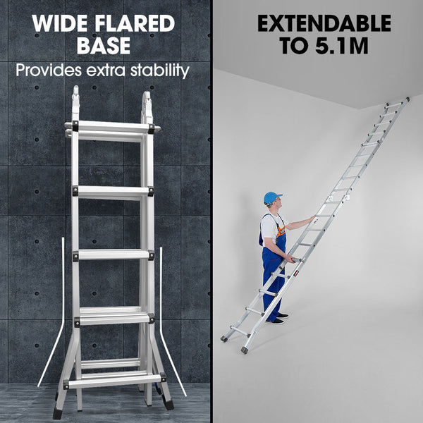 Pro 5.1M Folding Aluminium Multipurpose Ladder W/ Workshelf Platform Spring Assisted Rapid Safety Lock Adjusters Ladders