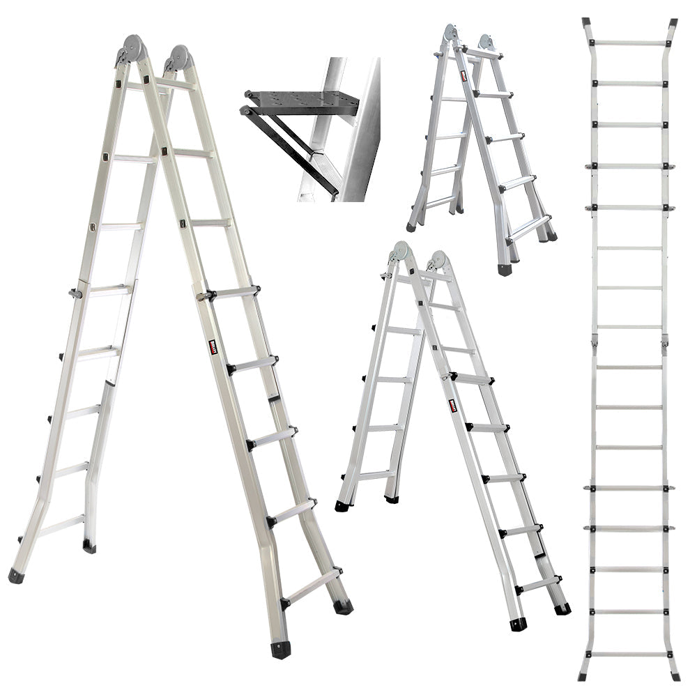 Pro 5.1M Folding Aluminium Multipurpose Ladder W/ Workshelf Platform Spring Assisted Rapid Safety Lock Adjusters Ladders