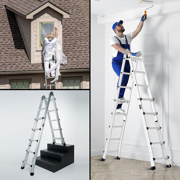Bullet 5.1M Folding Aluminium Multipurpose Ladder W/ Workshelf Platform Spring Assisted Rapid Safety Lock Adjusters Ladders