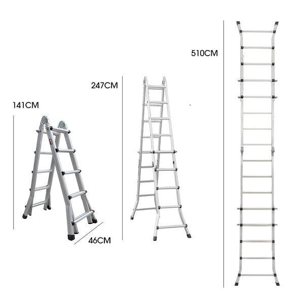 Pro 5.1M Folding Aluminium Multipurpose Ladder W/ Workshelf Platform Spring Assisted Rapid Safety Lock Adjusters Ladders