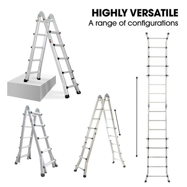Pro 5.1M Folding Aluminium Multipurpose Ladder W/ Workshelf Platform Spring Assisted Rapid Safety Lock Adjusters Ladders