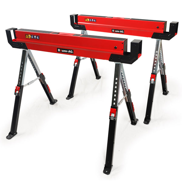 Baumr Ag 2 X Steel Saw Horse Folding Height Adjustable Sawhorse 1180Kg Capacity 2X4 Support Arms Jacks Stands & Sawhorses