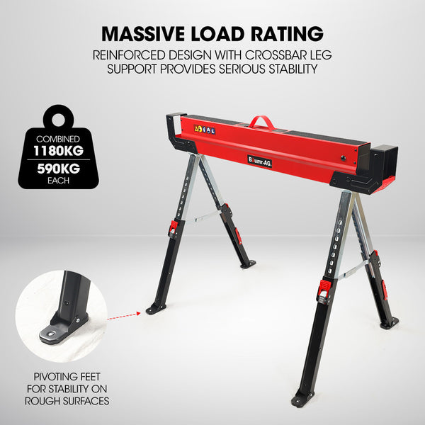 Baumr Ag 2 X Steel Saw Horse Folding Height Adjustable Sawhorse 1180Kg Capacity 2X4 Support Arms Jacks Stands & Sawhorses