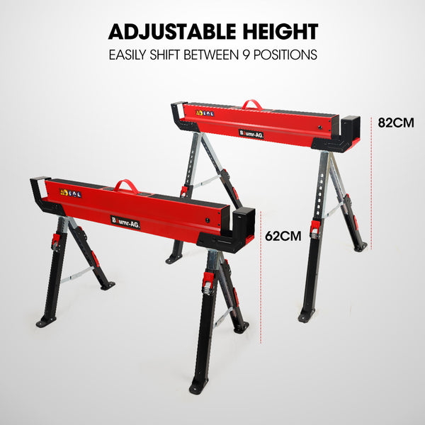 Baumr Ag 2 X Steel Saw Horse Folding Height Adjustable Sawhorse 1180Kg Capacity 2X4 Support Arms Jacks Stands & Sawhorses