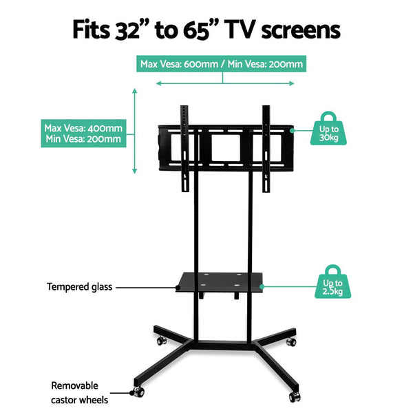 Artiss Mobile Tv Stand For 32" 65" Tvs Mount Bracket Portable Shelf Trolley Cart Tv Stands & Mounts