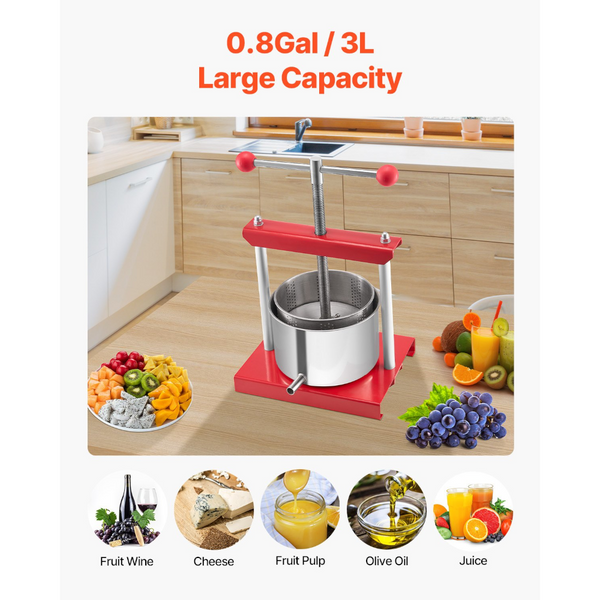0.8 Gal / 3L Fruit Wine Press 2 Stainless Steel Barrels Manual Juice Maker Cider Apple Grape Tincture Honey Olive Oil Making With Handle For Outdoor K