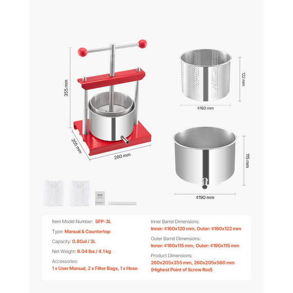 0.8 Gal / 3L Fruit Wine Press 2 Stainless Steel Barrels Manual Juice Maker Cider Apple Grape Tincture Honey Olive Oil Making With Handle For Outdoor K