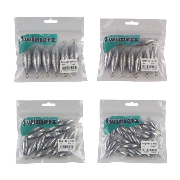 Swimerz Torpedo Trolling Sinker Pack Lead Assorted Sizes. Qty 68 Sinkers & Weights