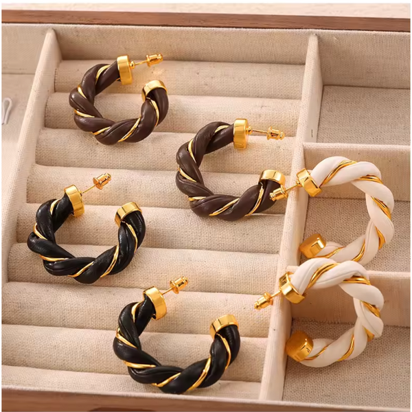 Twisted Leather Rope C Hoop Earrings