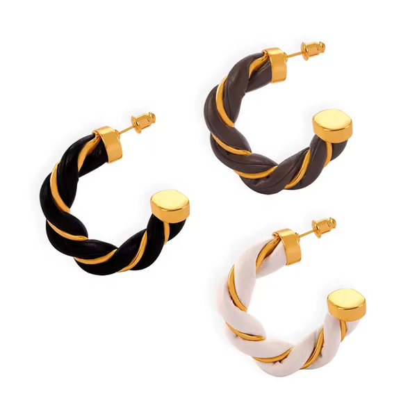 Twisted Leather Rope C Hoop Earrings