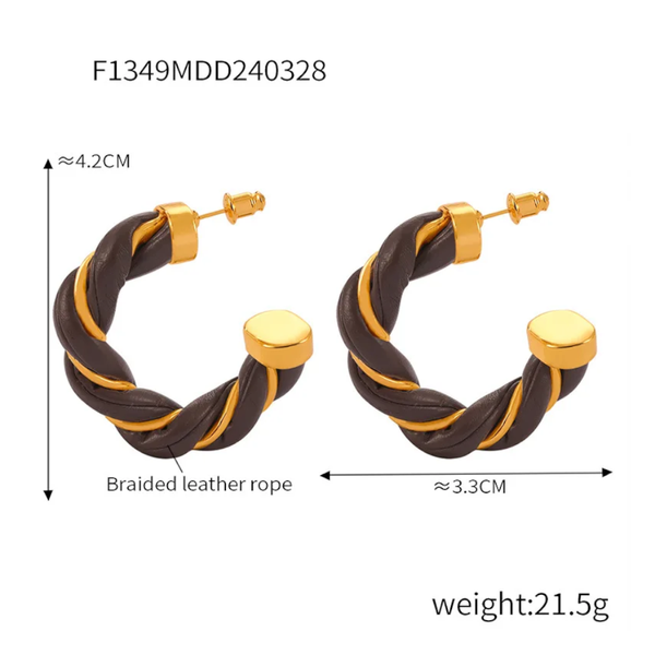 Twisted Leather Rope C Hoop Earrings