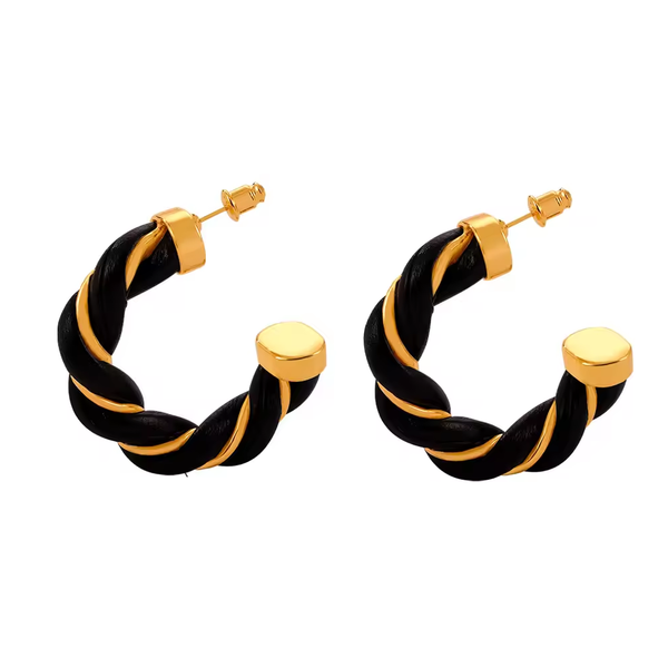 Twisted Leather Rope C Hoop Earrings