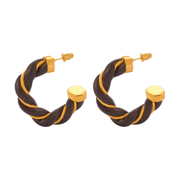 Twisted Leather Rope C Hoop Earrings
