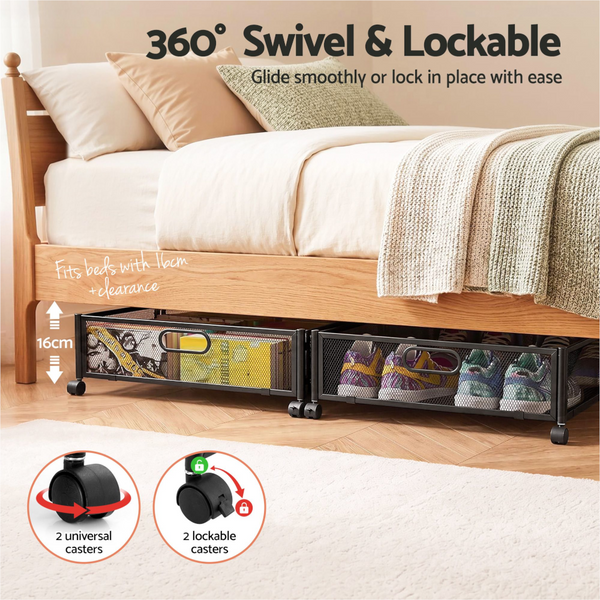 Artiss 2X Under Bed Storage Containers Metal Boxes With Wheels Black Other Bedding