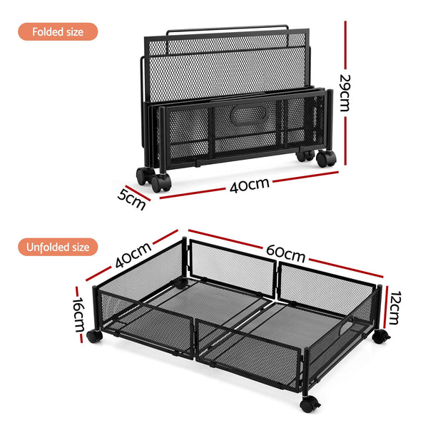 Artiss 4X Under Bed Storage Containers With Wheels Black Metal Mesh Storage Boxes