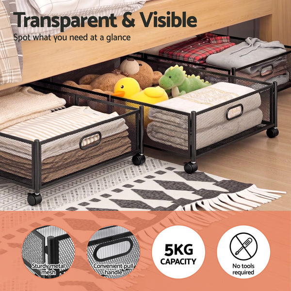 Artiss 4X Under Bed Storage Containers With Wheels Black Metal Mesh Storage Boxes