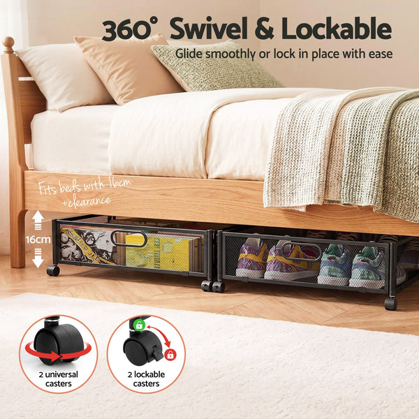 Artiss 4X Under Bed Storage Containers With Wheels Black Metal Mesh Storage Boxes