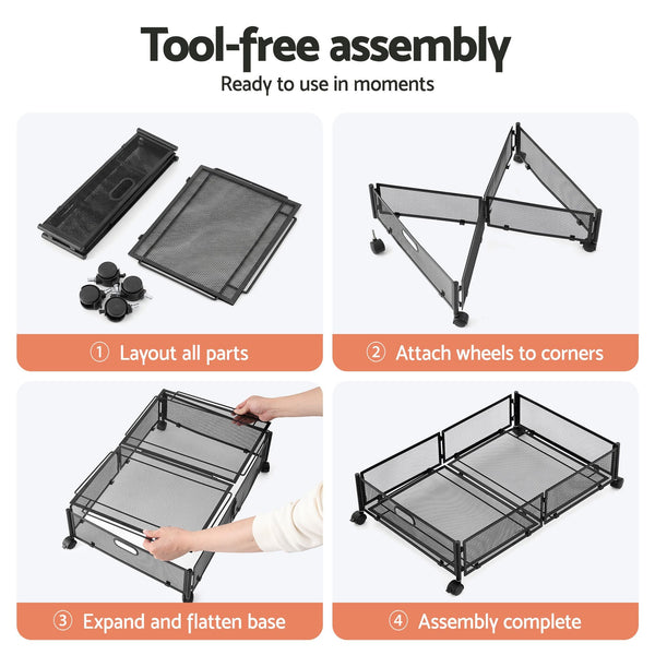 Artiss 4X Under Bed Storage Containers With Wheels Black Metal Mesh Storage Boxes