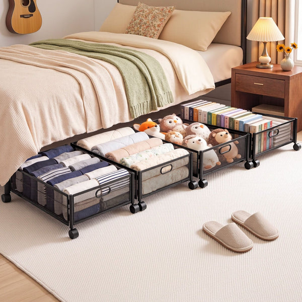Artiss 4X Under Bed Storage Containers With Wheels Black Metal Mesh Storage Boxes