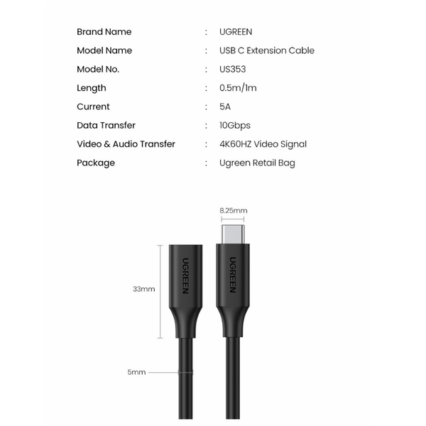 Ugreen 10387 Usb C Extension Cable 1M Usb Cables Hubs & Adapters
