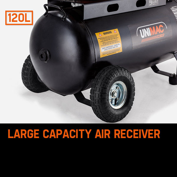 Unimac 8Hp Air Compressor 115Psi 120L Petrol Powered Industrial Conditioning Air Compressors