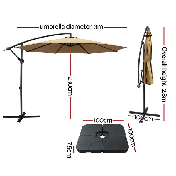 Instahut 3M Umbrella W/Base Outdoor Cantilever Beach Garden Patio Parasol Beige Patio Umbrellas