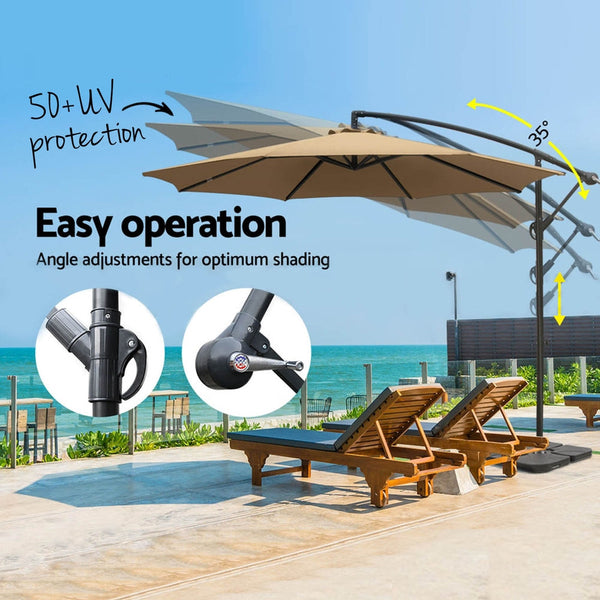 Instahut 3M Umbrella W/Base Outdoor Cantilever Beach Garden Patio Parasol Beige Patio Umbrellas