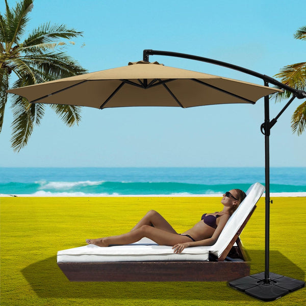 Instahut 3M Umbrella W/Base Outdoor Cantilever Beach Garden Patio Parasol Beige Patio Umbrellas