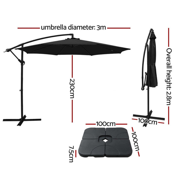 Instahut 3M Umbrella W/Base Outdoor Cantilever Beach Garden Patio Parasol Black Patio Umbrellas