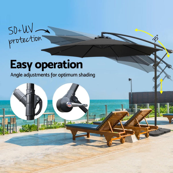 Instahut 3M Umbrella W/Base Outdoor Cantilever Beach Garden Patio Parasol Black Patio Umbrellas