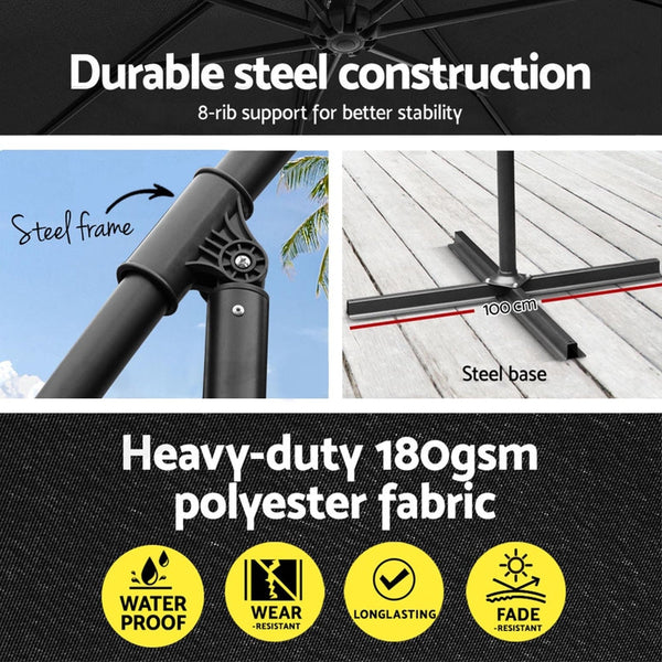 Instahut 3M Umbrella W/Base Outdoor Cantilever Beach Garden Patio Parasol Black Patio Umbrellas