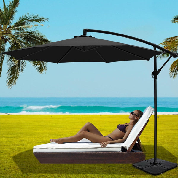 Instahut 3M Umbrella W/Base Outdoor Cantilever Beach Garden Patio Parasol Black Patio Umbrellas