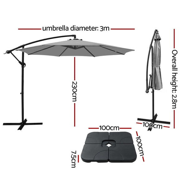 Instahut Umbrella Outdoor Umbrellas Cantilever Sun Stand Uv Garden Base Grey 3M Patio Umbrellas