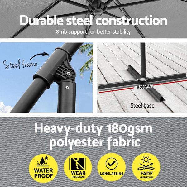 Instahut Umbrella Outdoor Umbrellas Cantilever Sun Stand Uv Garden Base Grey 3M Patio Umbrellas