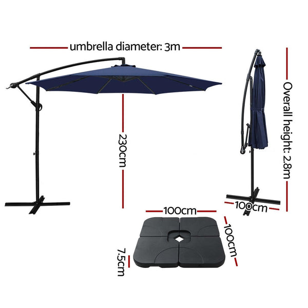 Instahut 3M Umbrella W/Base Outdoor Cantilever Beach Garden Patio Parasol Navy Patio Umbrellas