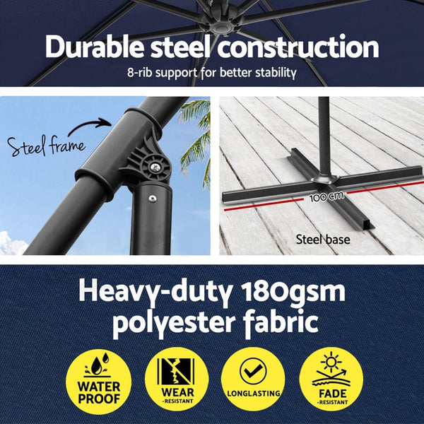 Instahut 3M Umbrella W/Base Outdoor Cantilever Beach Garden Patio Parasol Navy Patio Umbrellas