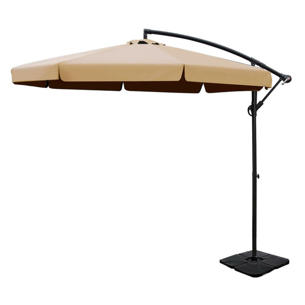 Instahut 3M Outdoor Umbrella W/Base Cantilever Garden Beach Patio Beige Patio Umbrellas